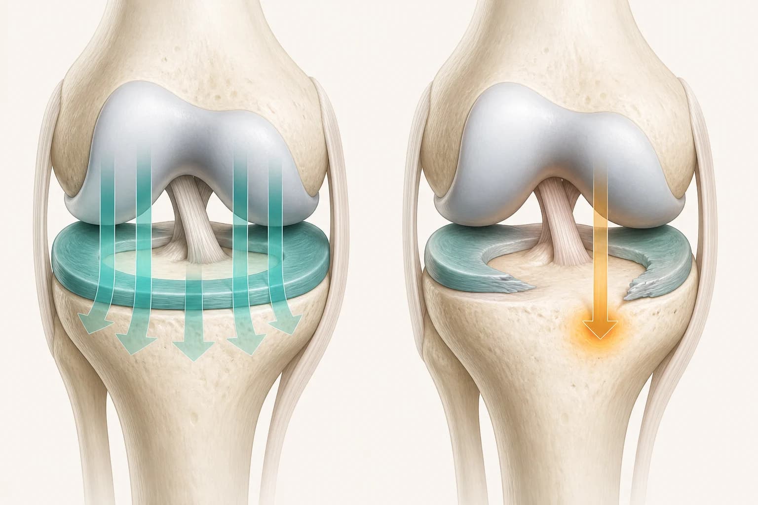 Comparison showing an intact meniscus spreading load broadly and a damaged meniscus concentrating pressure