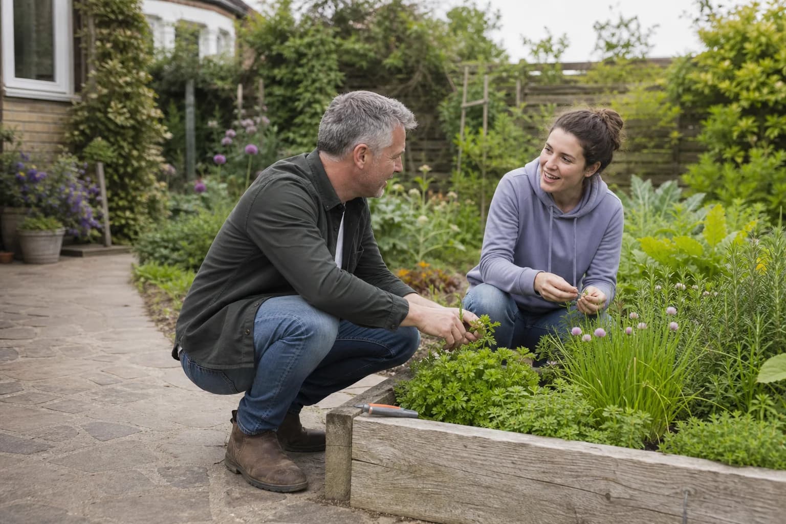 Man and adult daughter gardening together while comfortably crouching beside a raised bed