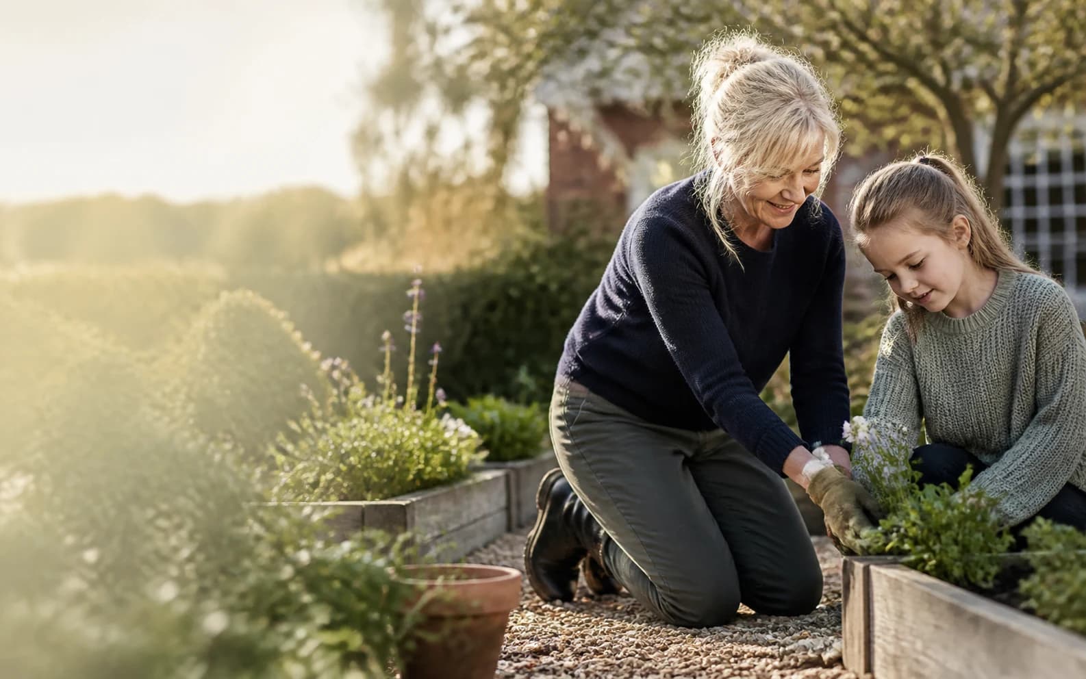 Woman gardening comfortably with her granddaughter