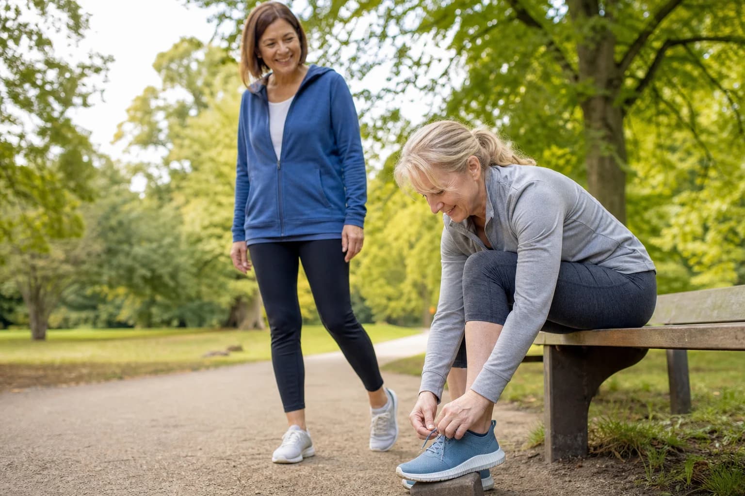 Woman bending comfortably to tie a walking shoe before a park walk