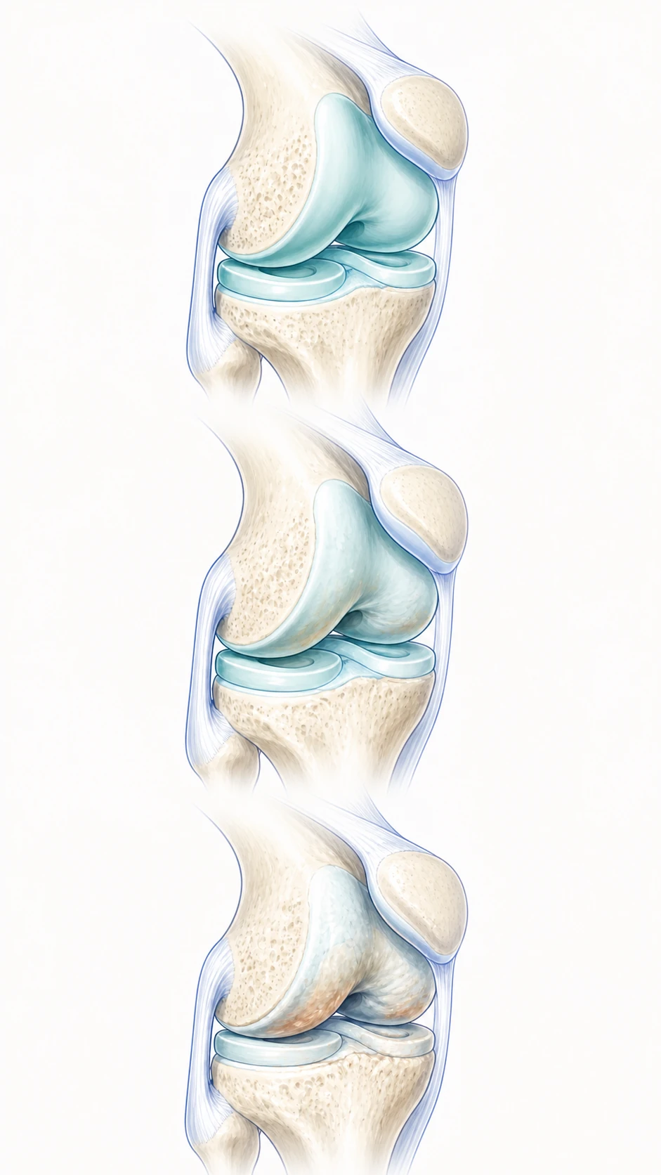 Three anatomical knee illustrations showing healthy articular cartilage, early-to-moderate thinning and fibrillation, and advanced diffuse cartilage wear with narrowing of the joint space