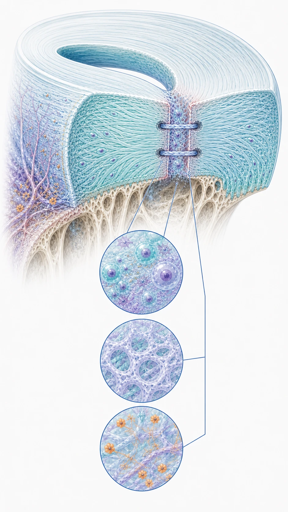 Detailed meniscus cutaway showing a sutured tear interface with locally retained biological support and magnified autologous micrograft seed, collagen soil and molecular signal