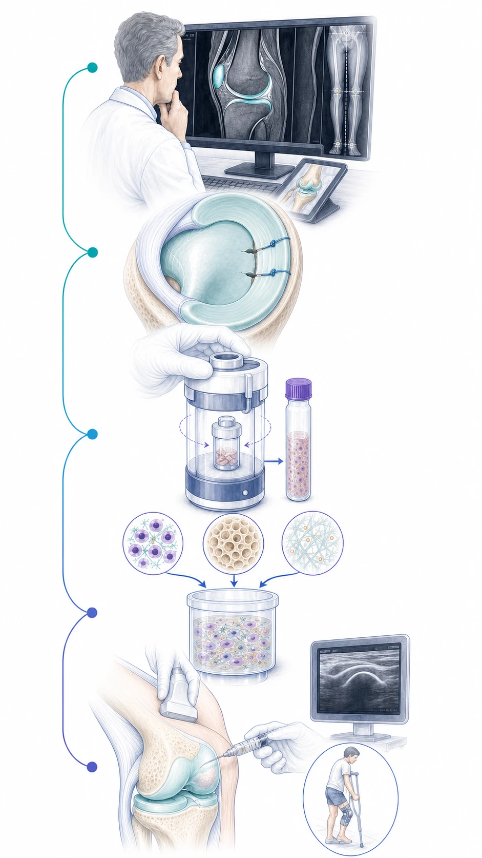 Medical illustration of the NANO AMi pathway from meniscal tear and alignment assessment through representative structural repair, micrograft preparation and biological combination to precise delivery and protected recovery