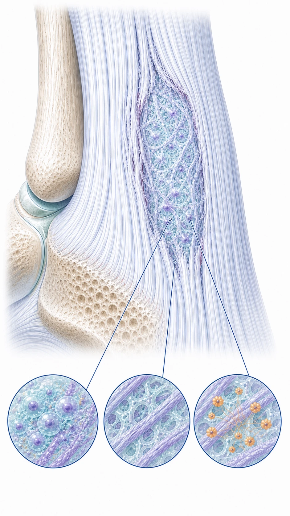 Detailed Achilles tendon cutaway showing a localized repair environment within a partial lesion, with magnified autologous micrograft seed, collagen soil and molecular signal
