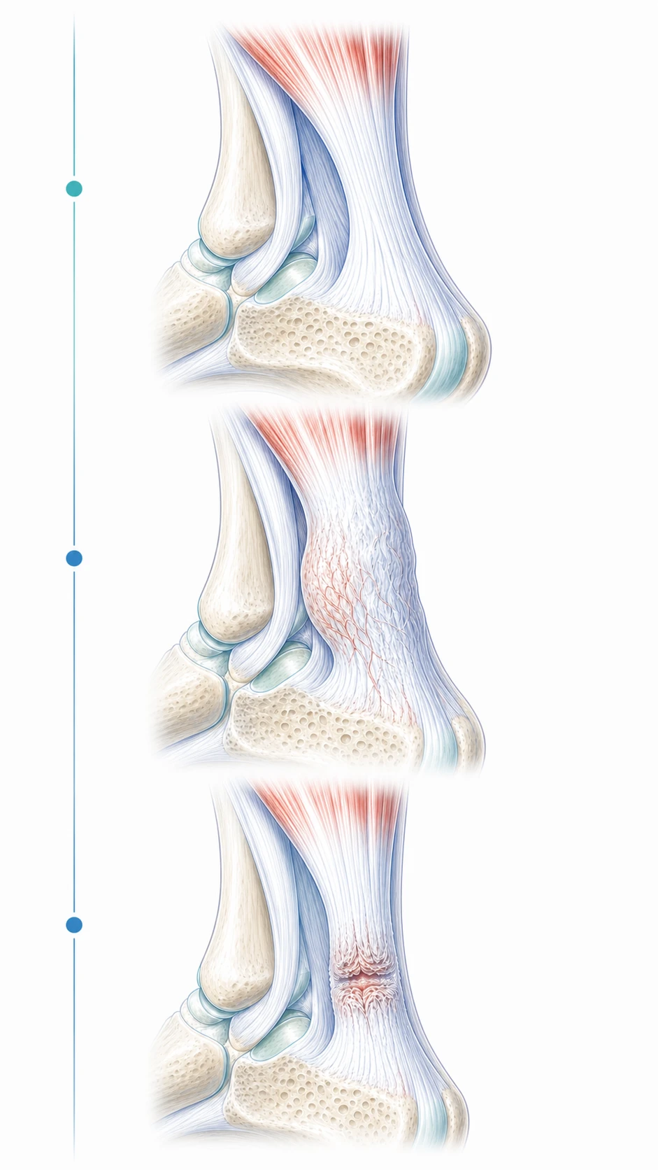 Three anatomical Achilles tendon illustrations showing healthy parallel collagen fibres, chronic tendinopathy with thickening and fibre disorganisation, and a partial-thickness tear with remaining tendon continuity